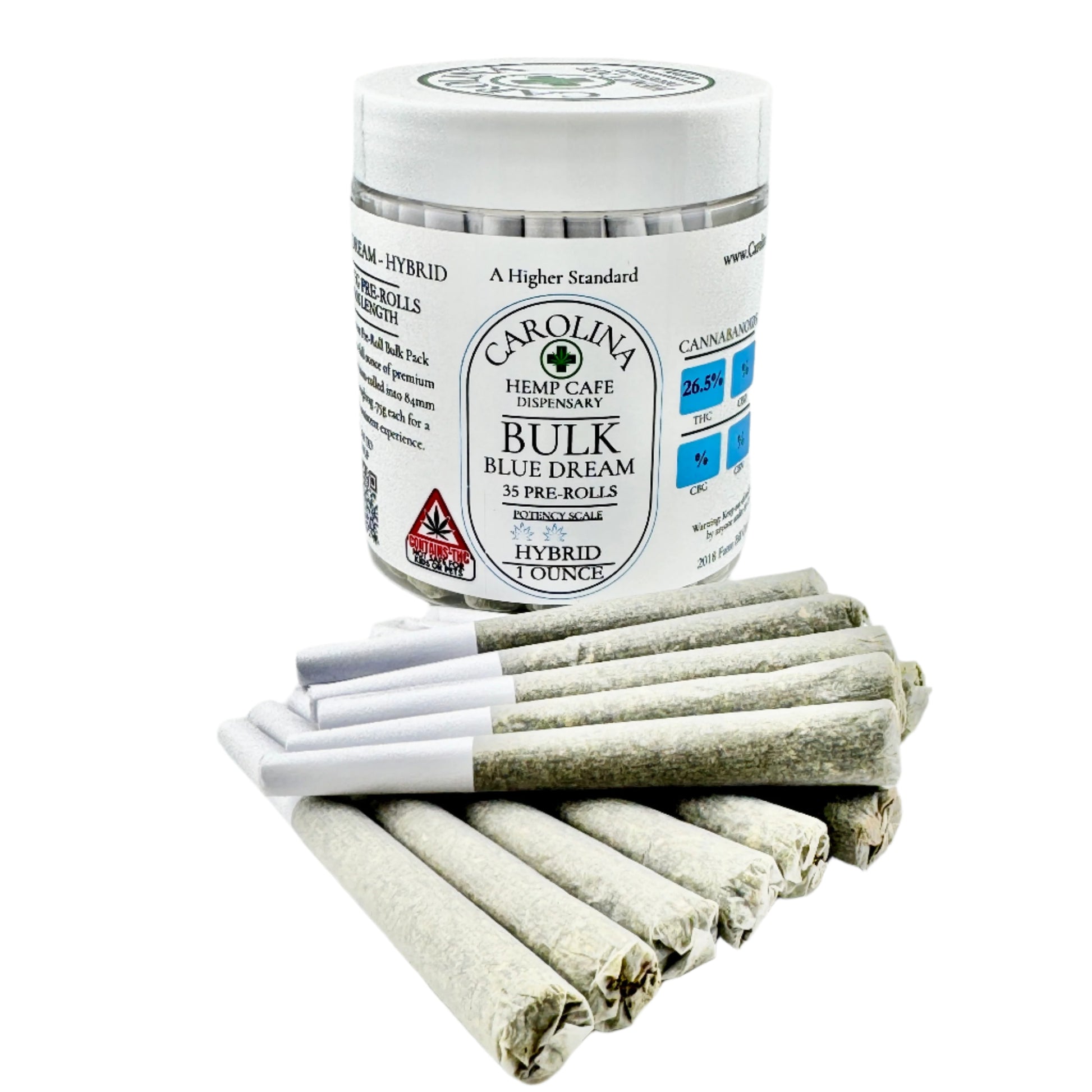 Container of bulk pre-rolls with individual pre-rolls displayed in front on a plain background.