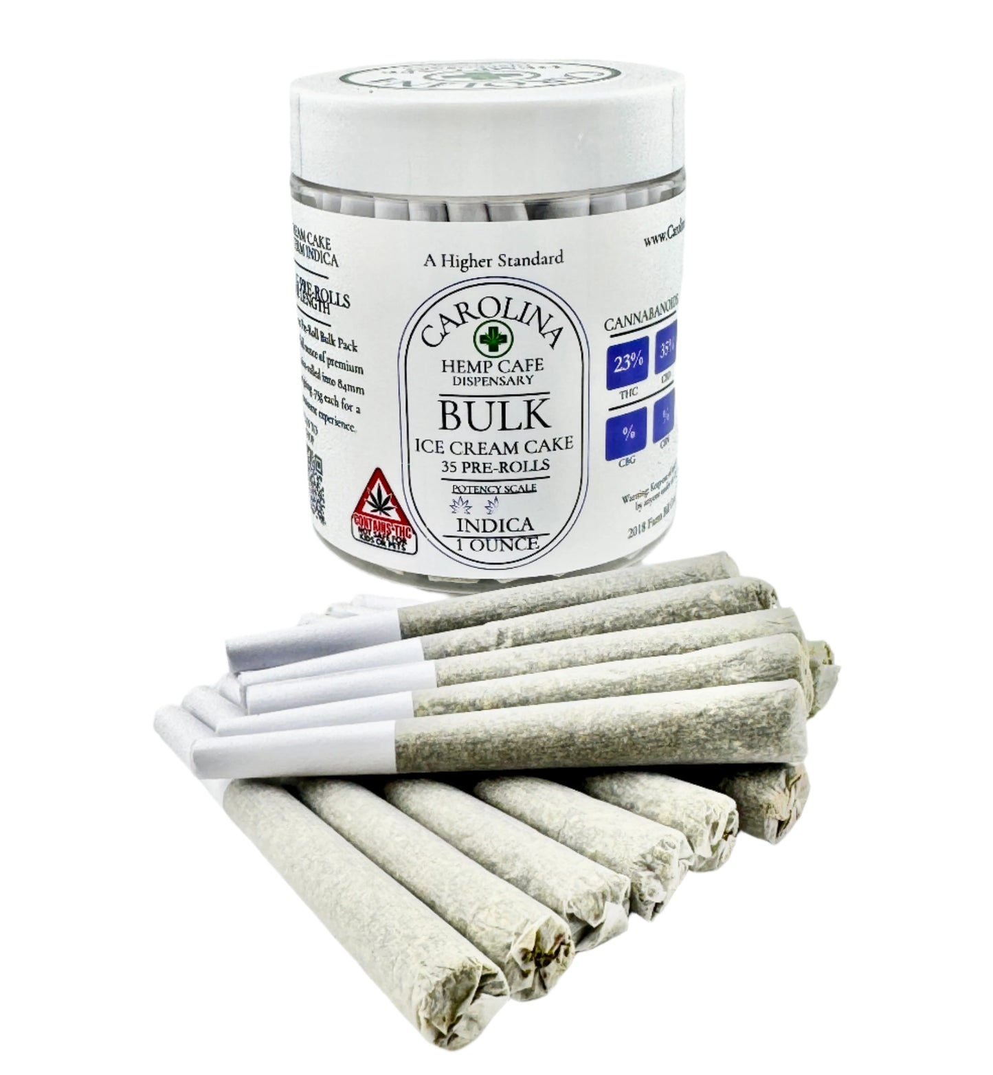 Container of pre-rolls and pre-rolls on a white background