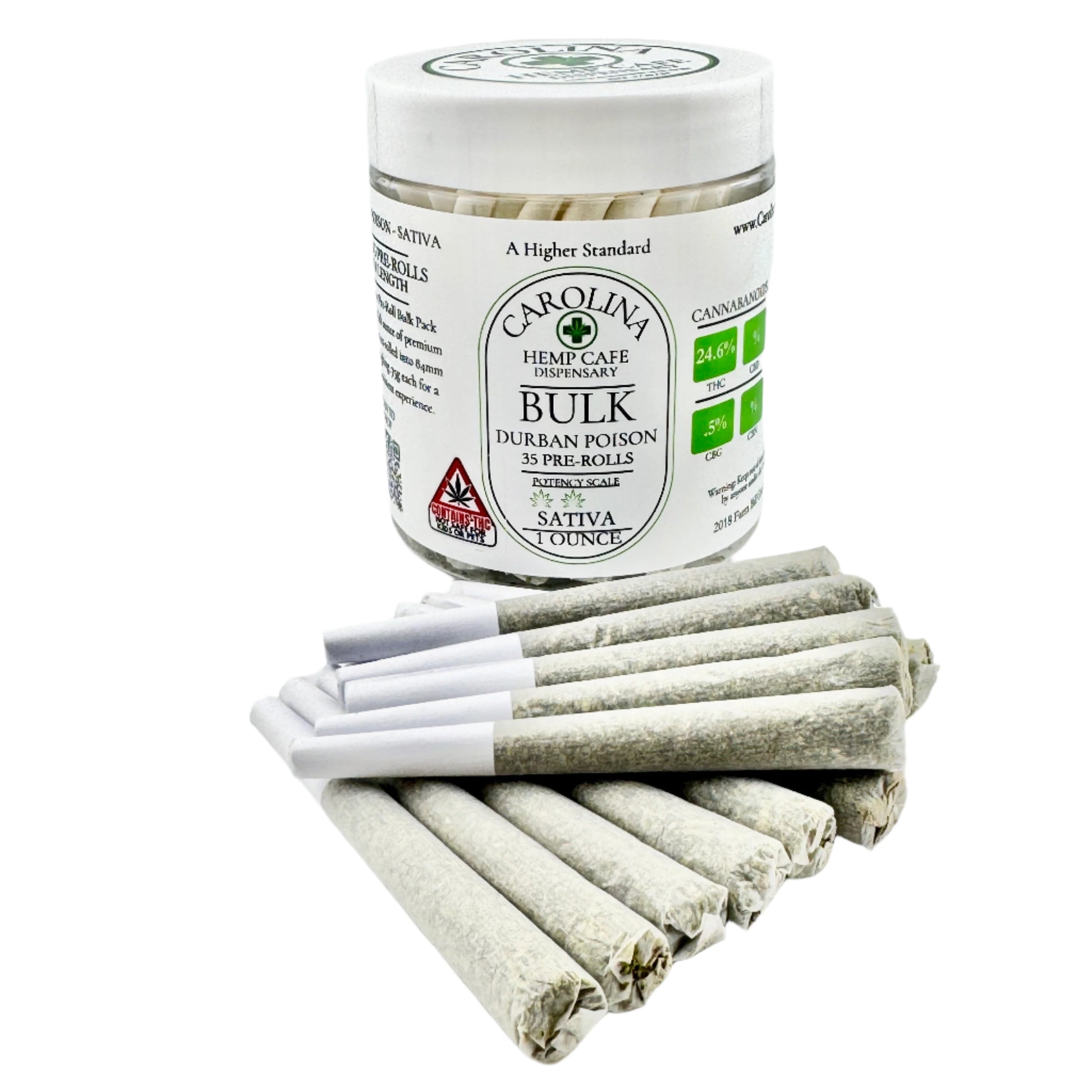 Jar of pre-rolled joints and several pre-rolled joints on a white background.