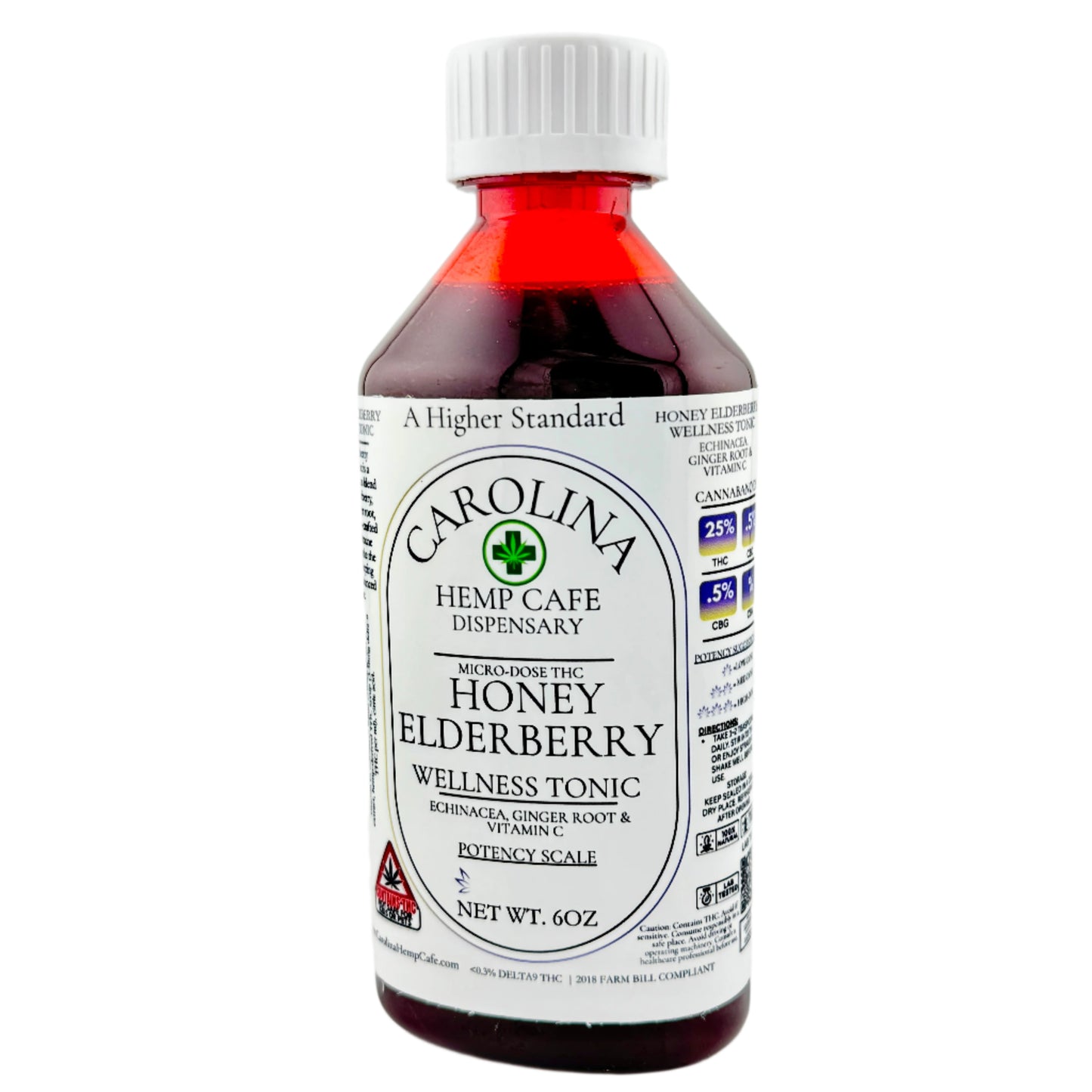 Bottle of Carolina Hemp Cafe Honey Elderberry Wellness Tonic on a gray background