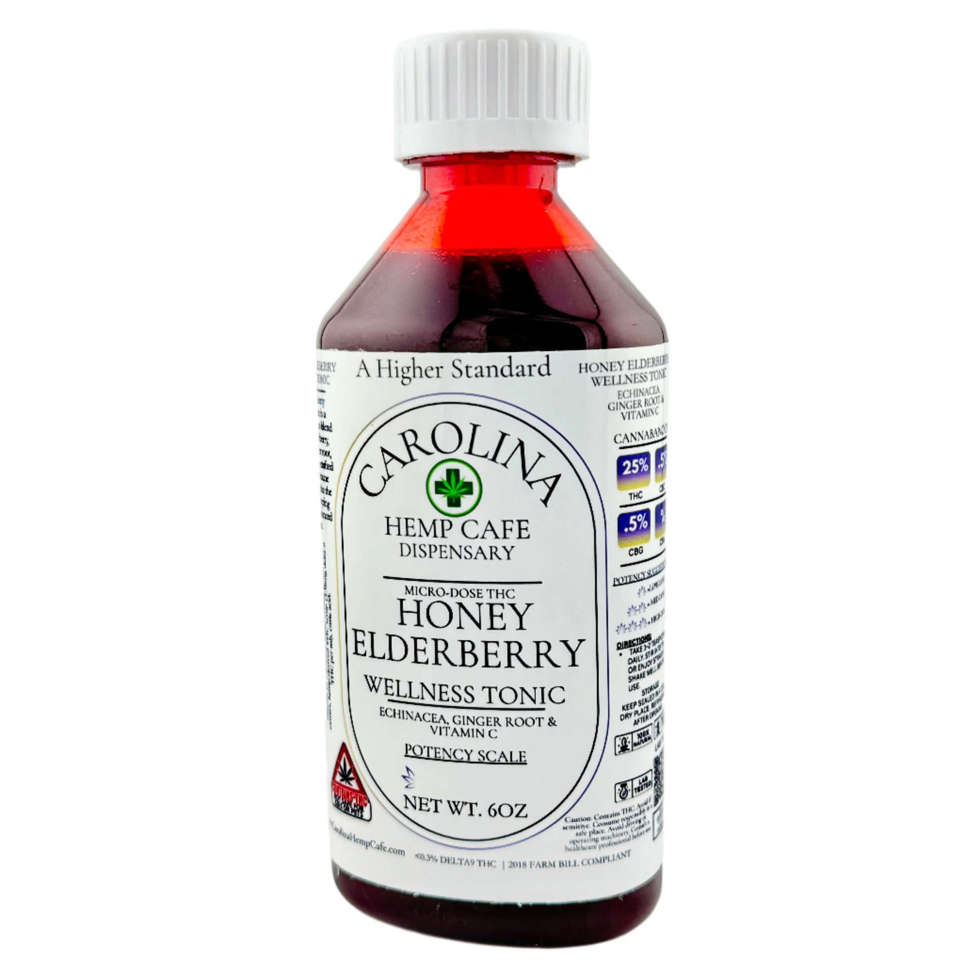 Bottle of Carolina Hemp Cafe Honey Elderberry Wellness Tonic on a gray background