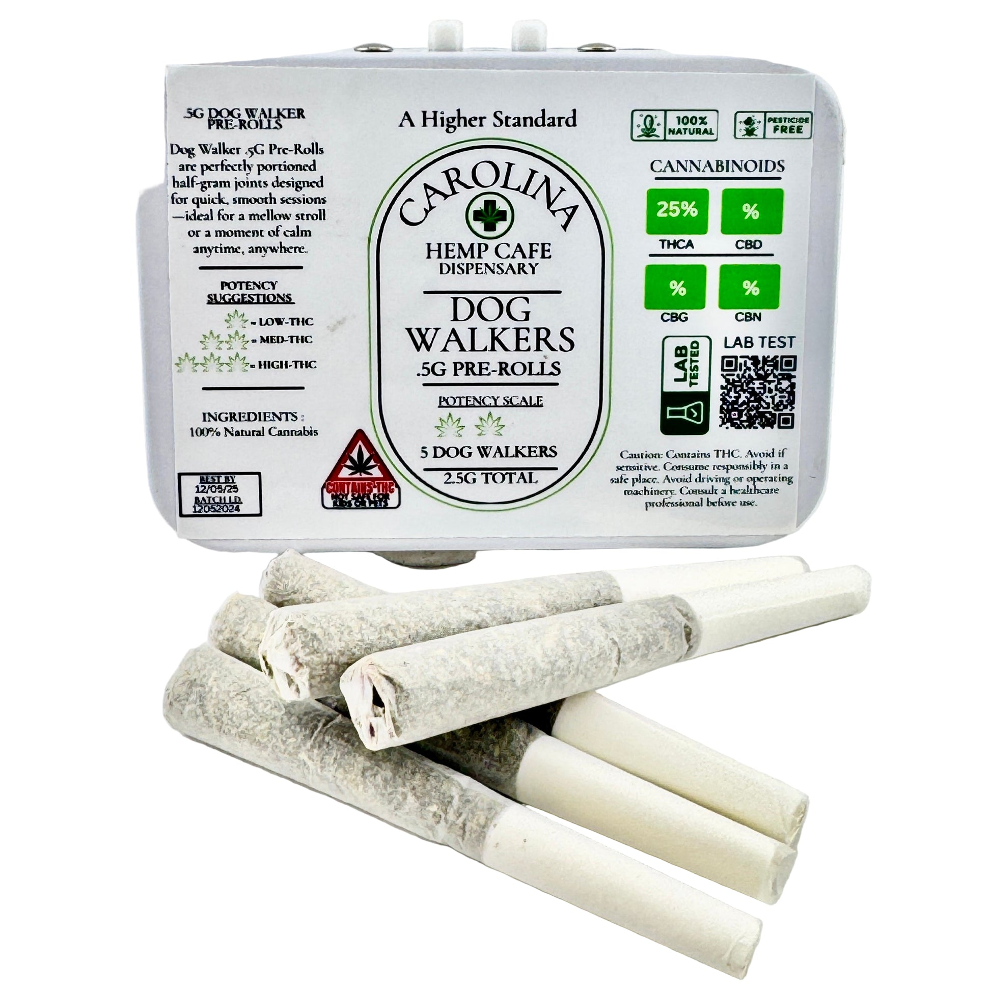 Carolina Hemp Cafe Dispensary pre-rolls packaging with pre-rolls on a white background