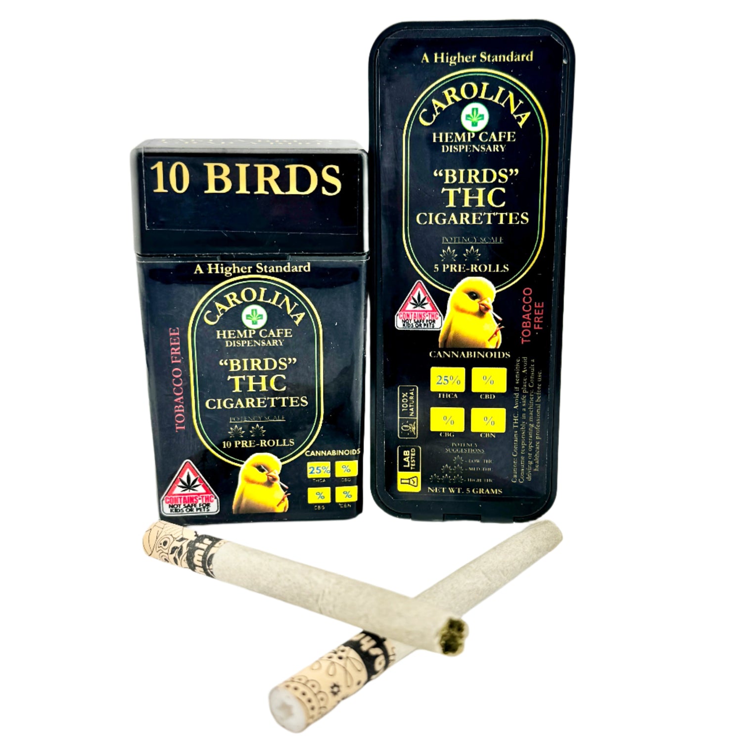 cannabis hemp thca cigarettes 2 black containers for them with labels that says Birds THC Cigarettes with yellow Canary picture logo