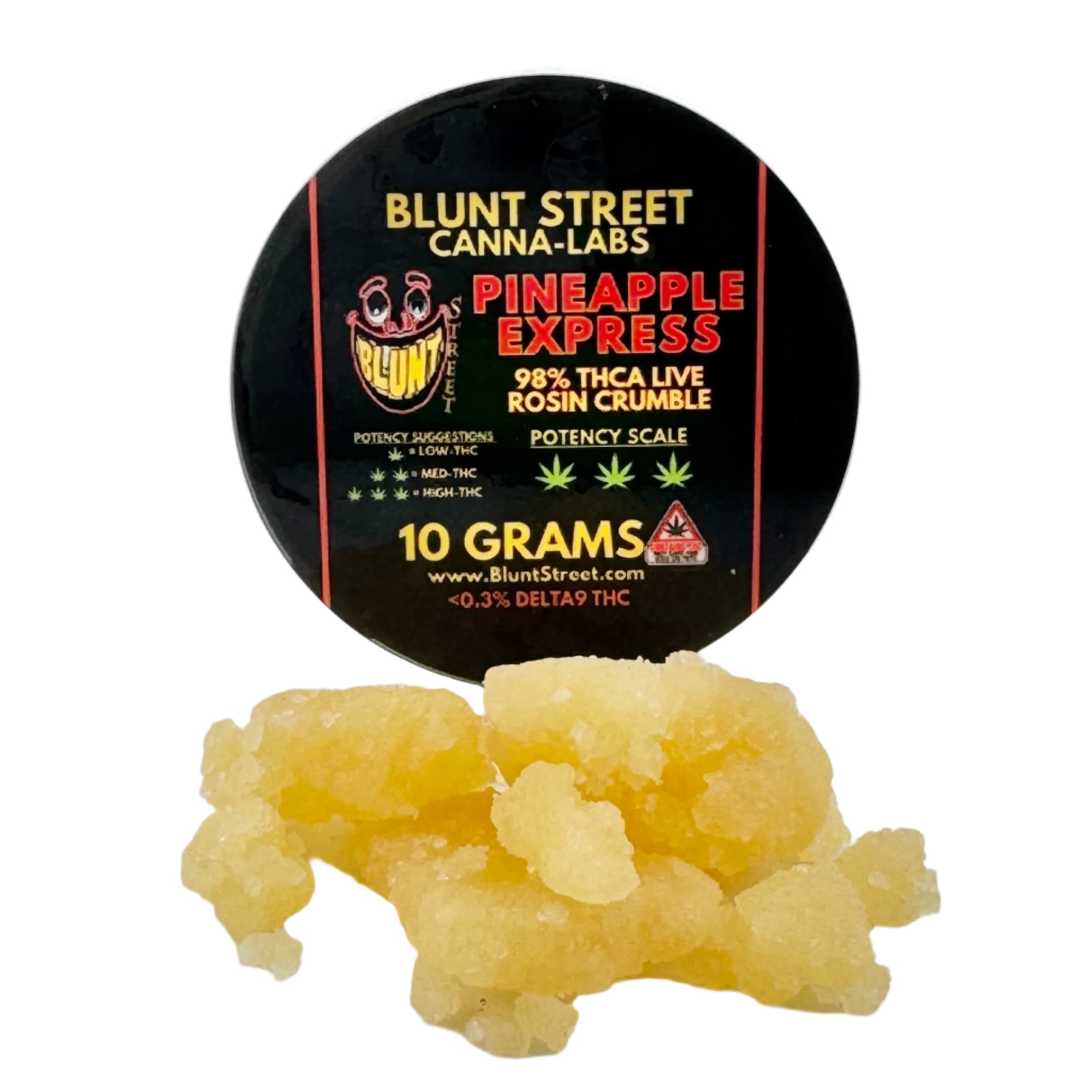 Container of Blunt Street Canna-Labs Pineapple Express Rosin Crumble on a white background