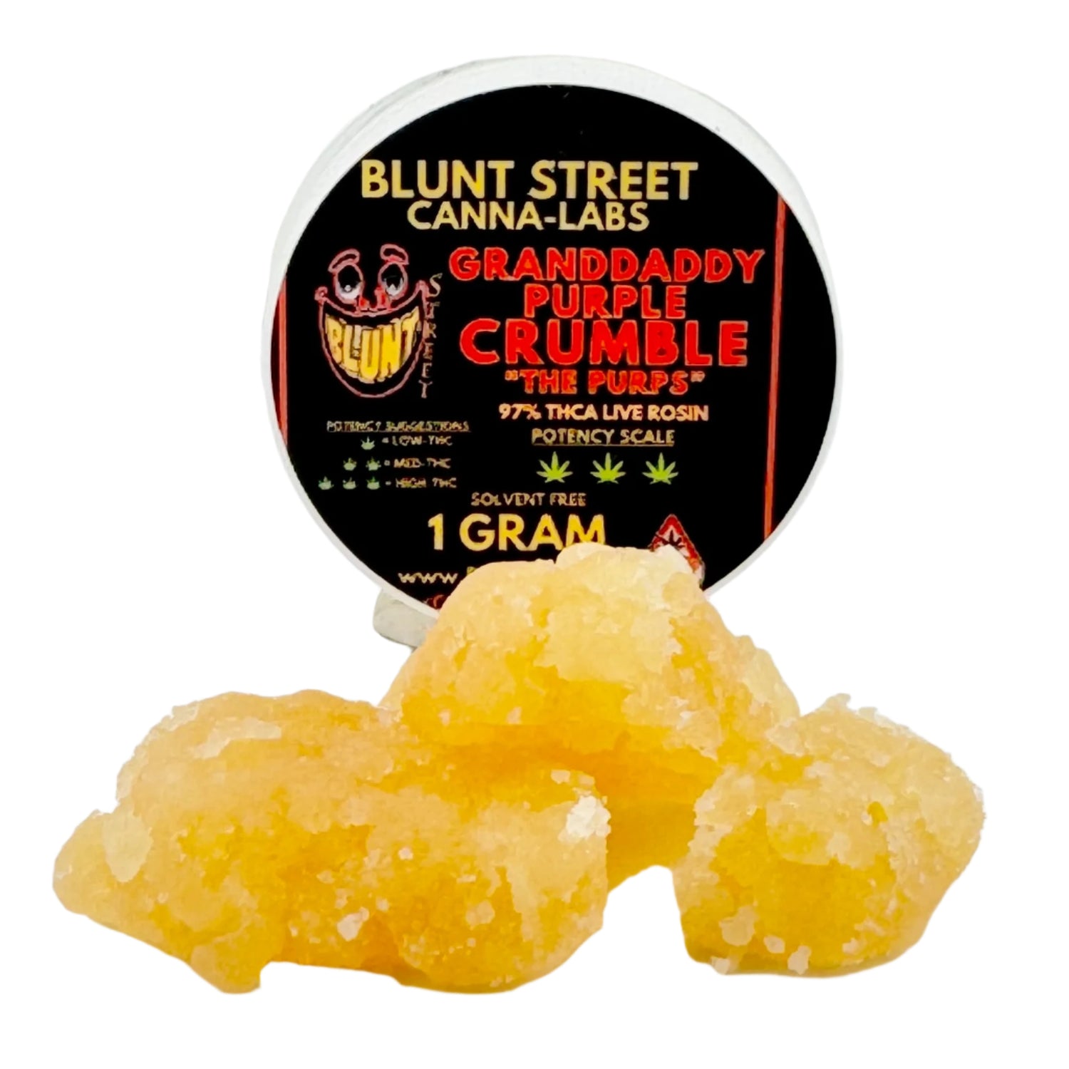 Yellow crumble with Blunt Street Canna-Labs container on a white background