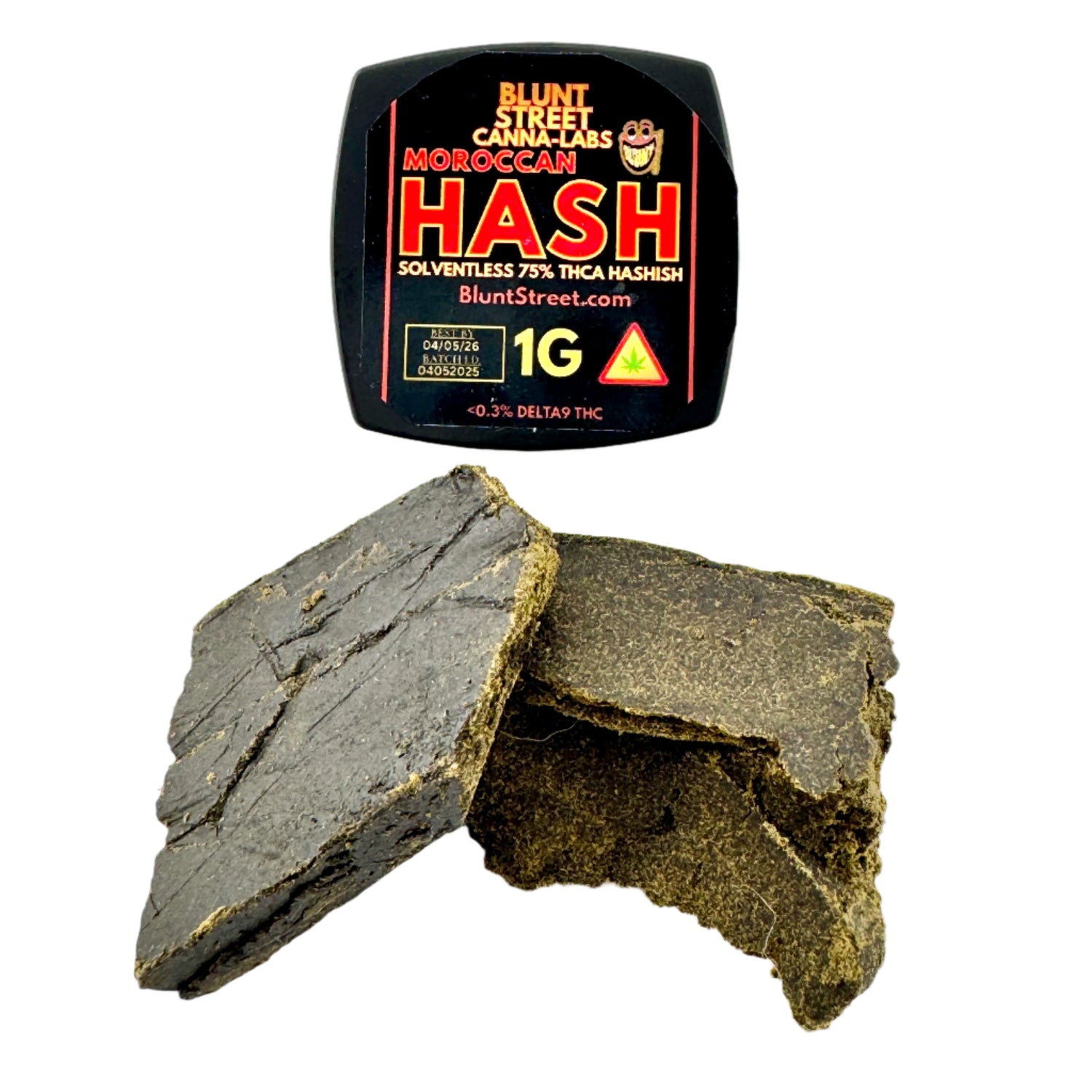 Blunt Street Canna Labs Moroccan Hash packaging with two pieces of hash on a white background