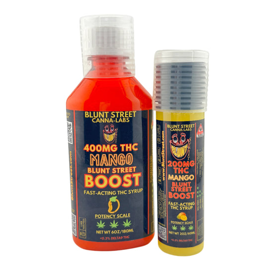 Blunt Street Canna-Labs THC mango syrup bottle and vape pen on a white background