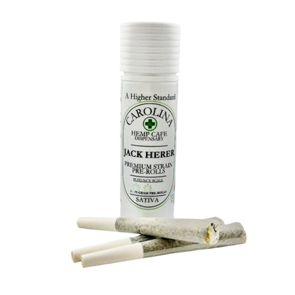 Carolina Hemp Cafe dispensary pre-rolls with packaging on a white background