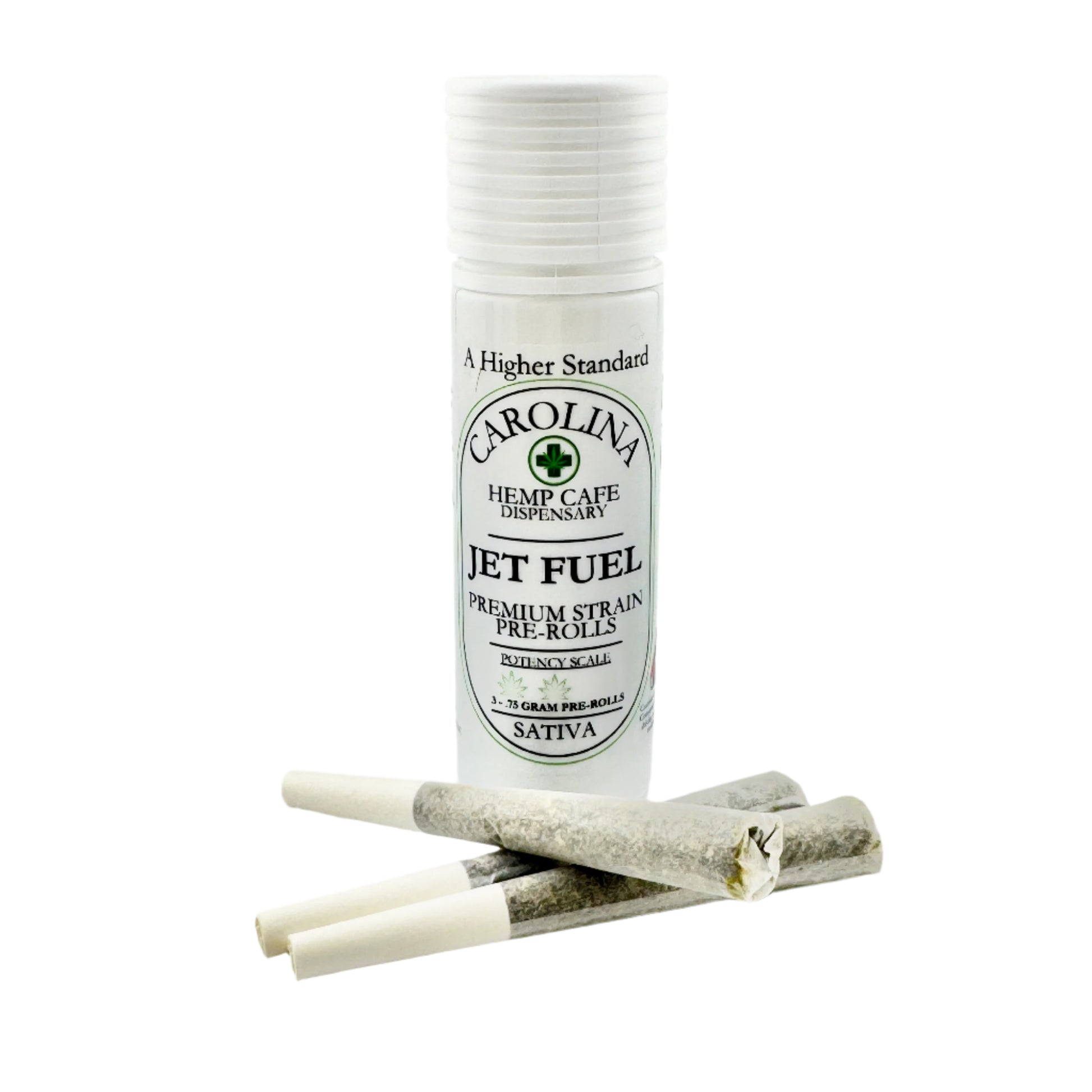 Carolina Hemp Cafe Dispensary pre-rolled joints with a packaging tube on a white background