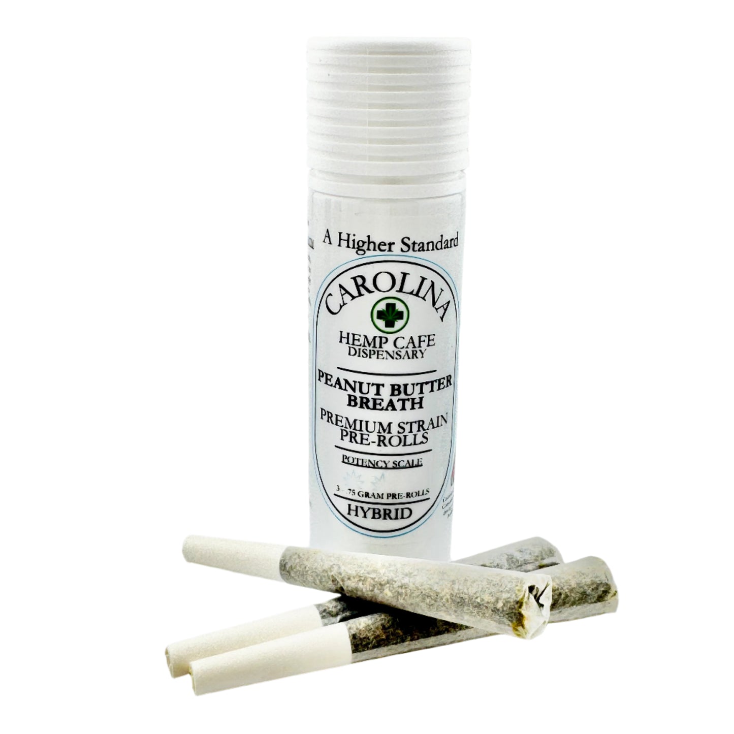 Tube of Carolina Hemp Cafe Dispensary pre-rolled joints on a white background