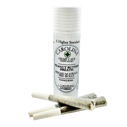Tube of Carolina Hemp Cafe Dispensary pre-rolled joints on a white background