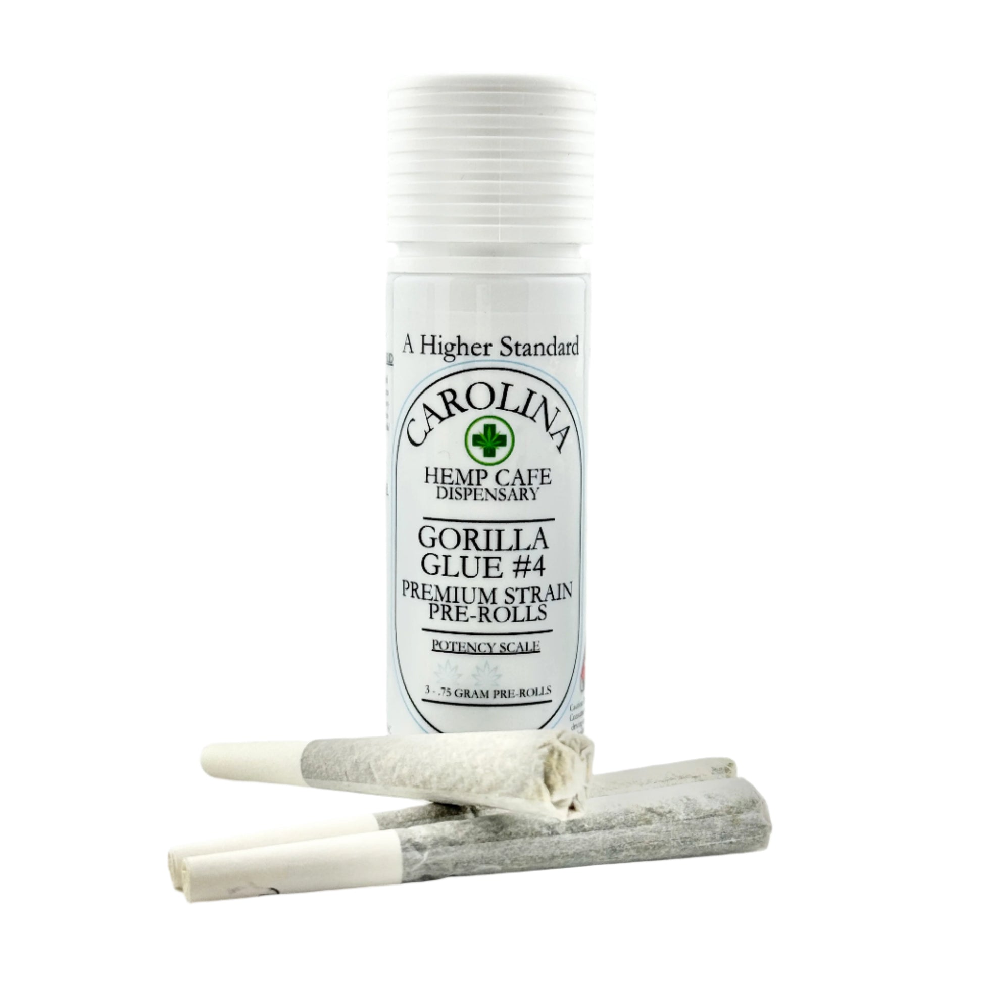 Carolina Hemp Cafe Gorilla Glue #4 pre-rolls with packaging on a white background