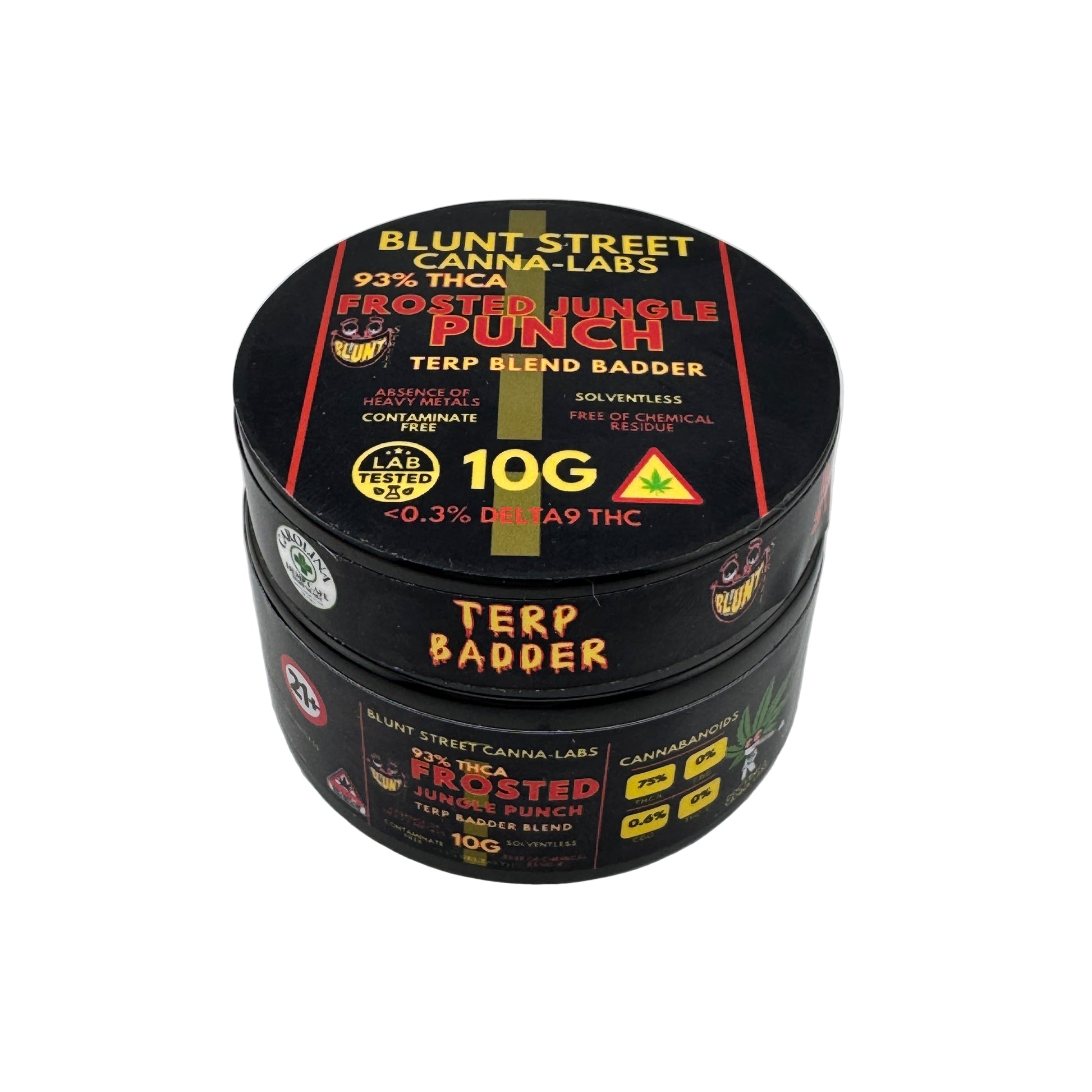 Black container labeled 'Blunt Street Canna Labs' with product details on a white background