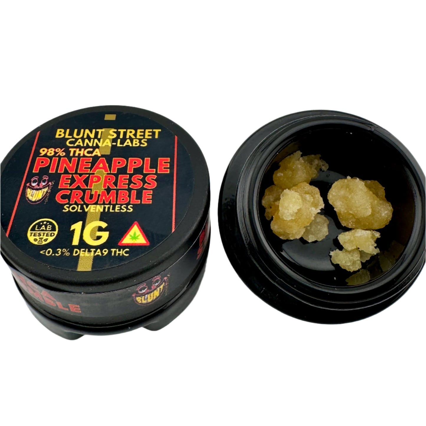 Black container of Blunt Street Canna Labs Pineapple Express Crumble on a white background