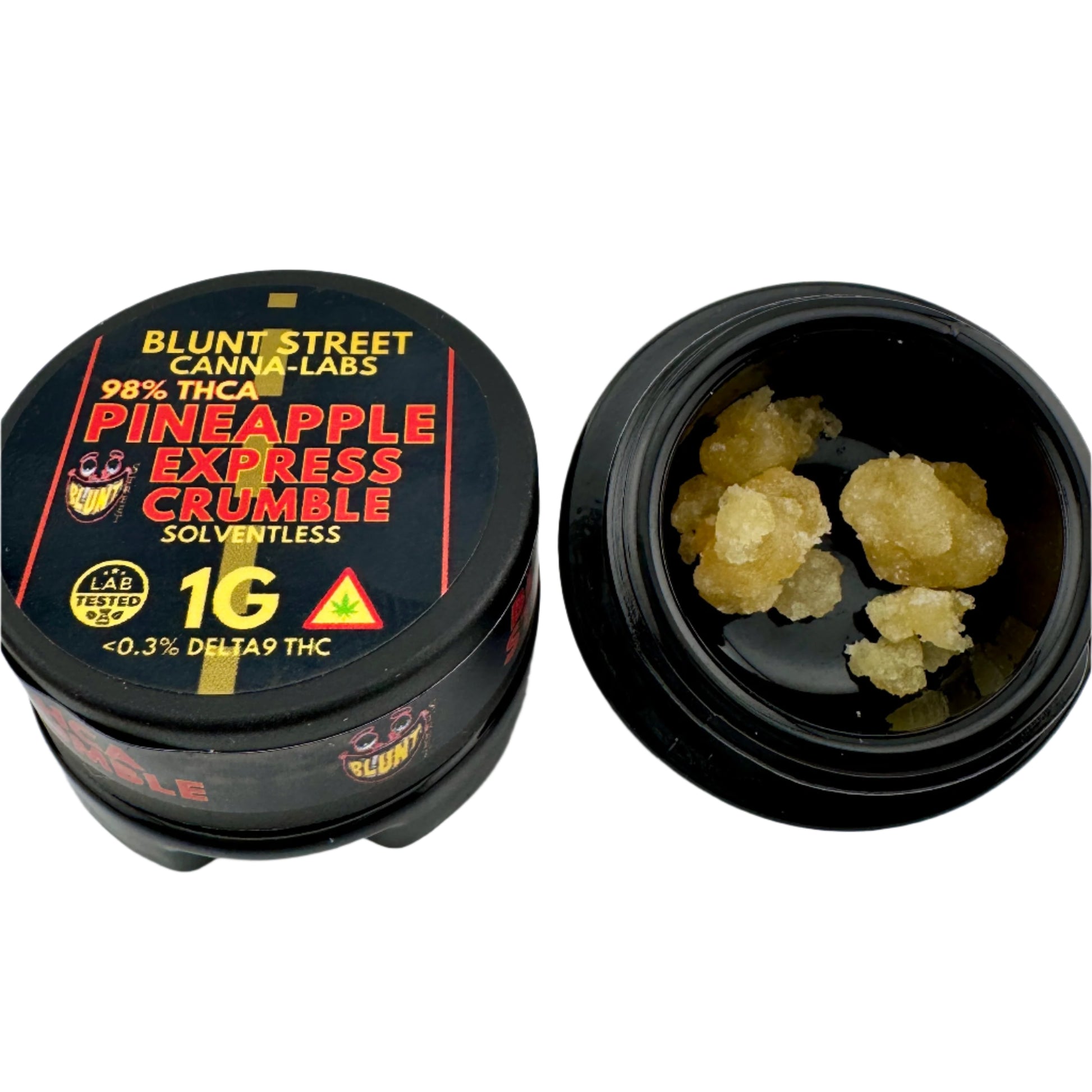 Black container of Blunt Street Canna Labs Pineapple Express Crumble on a white background
