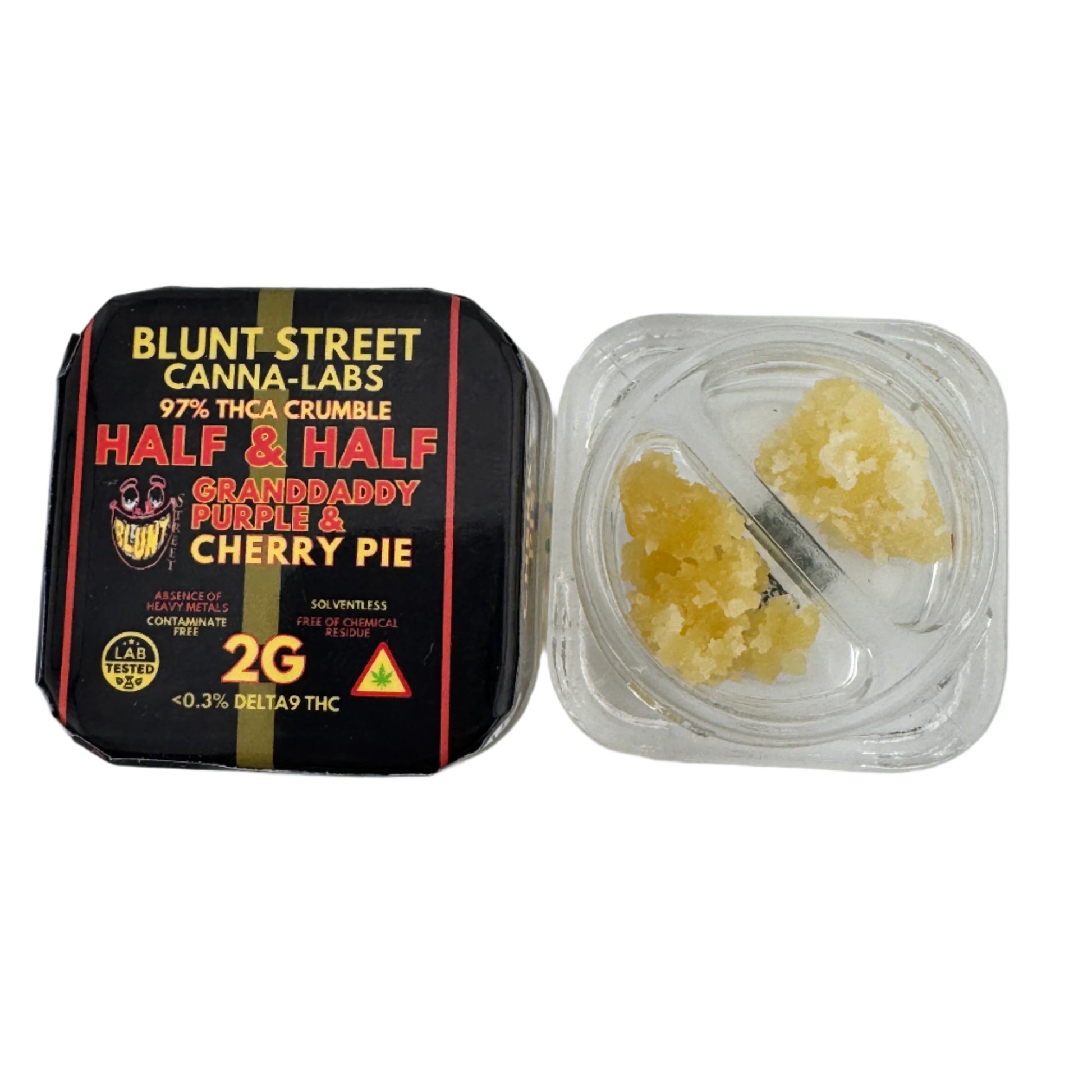 Blunt Street Canna-Labs cannabis product packaging with a clear container of cannabis resin on a white background.