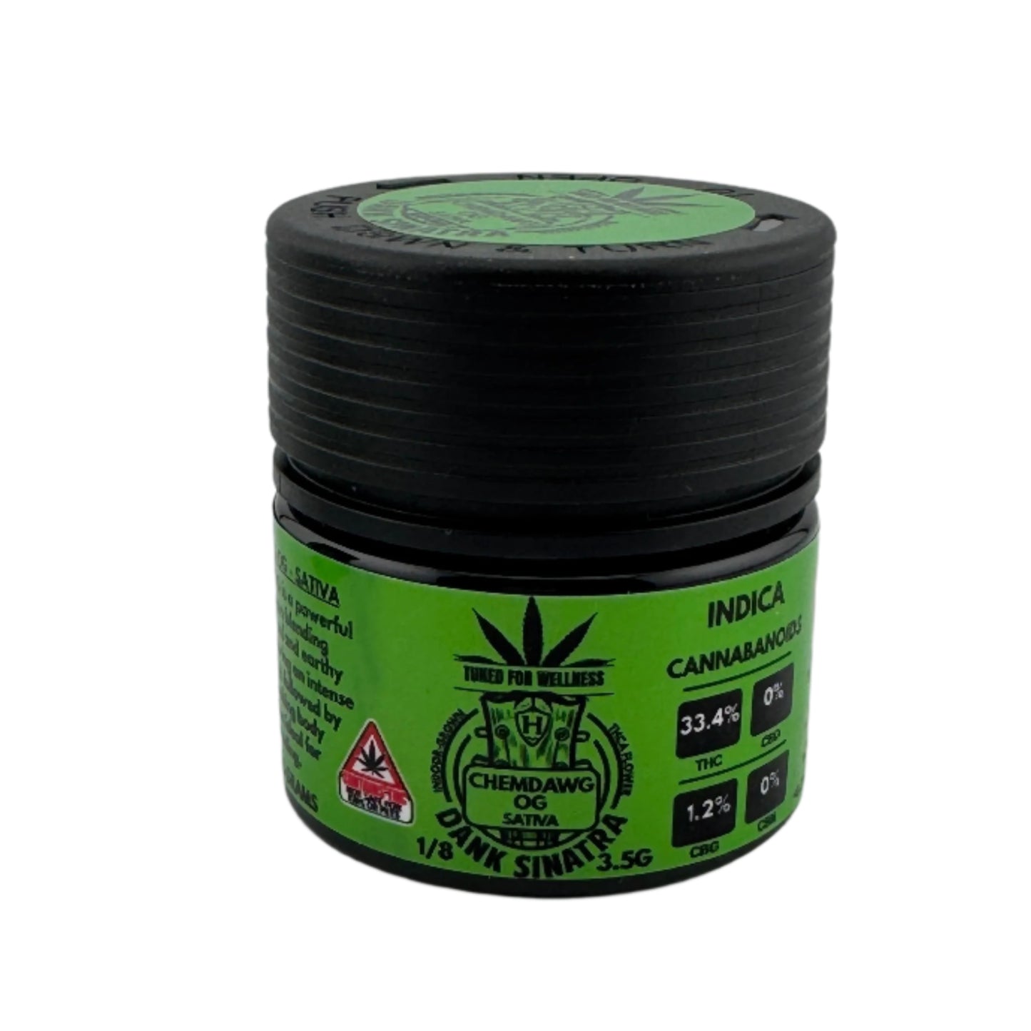 Green and black container with cannabis product label on a white background
