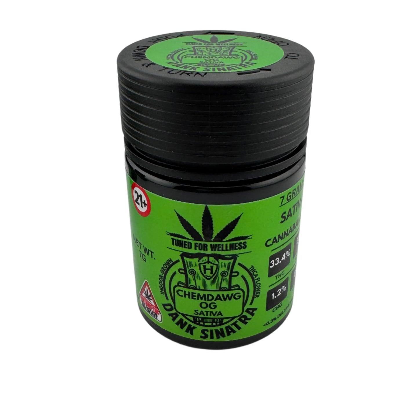 Green and black cannabis product container with branding on a white background