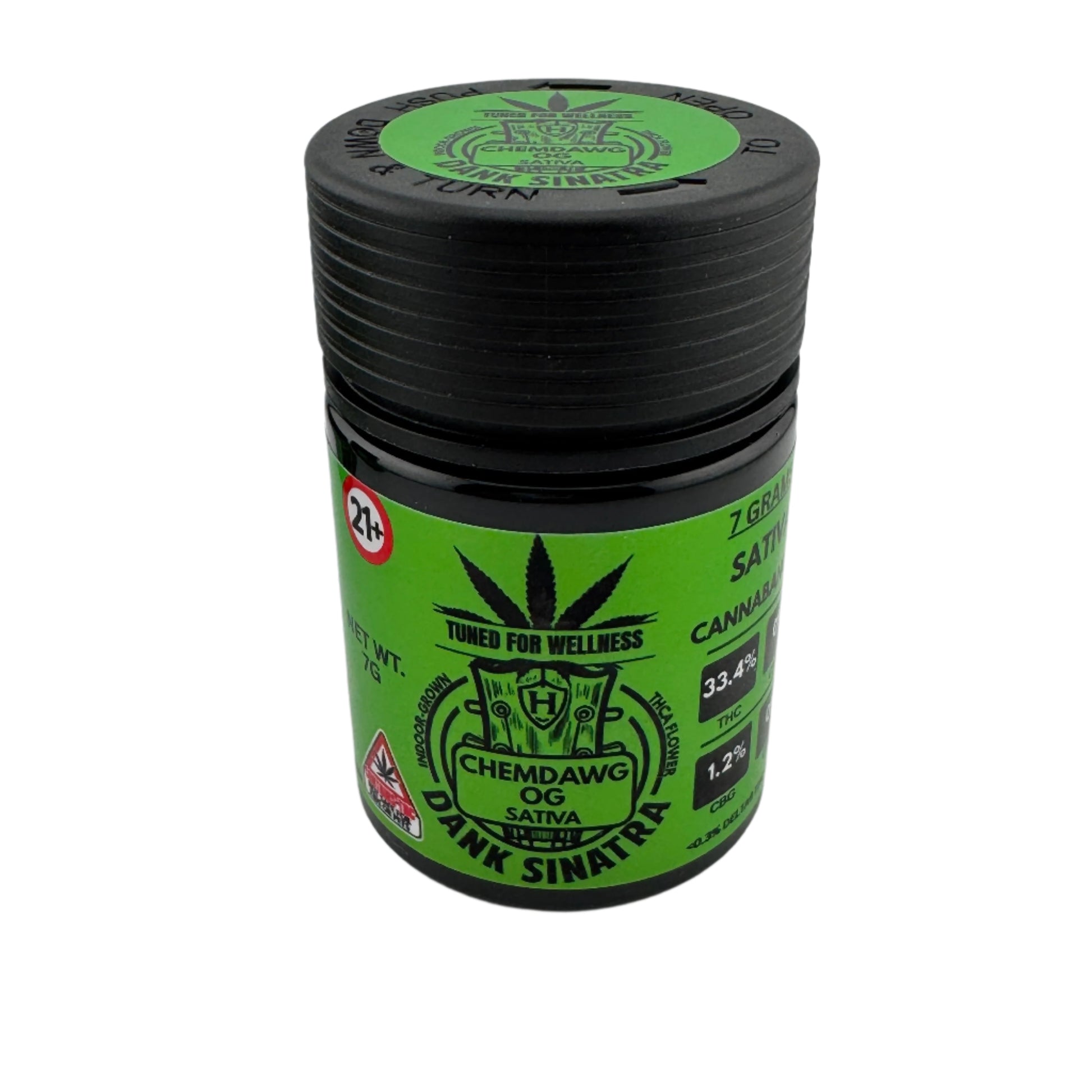 Green and black cannabis product container with branding on a white background