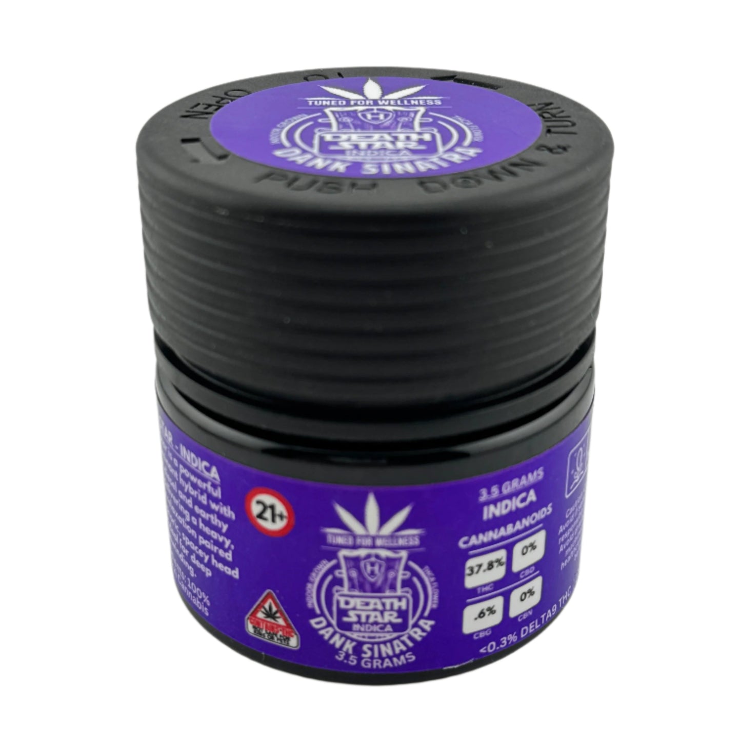 Black and purple container with a label on a white background