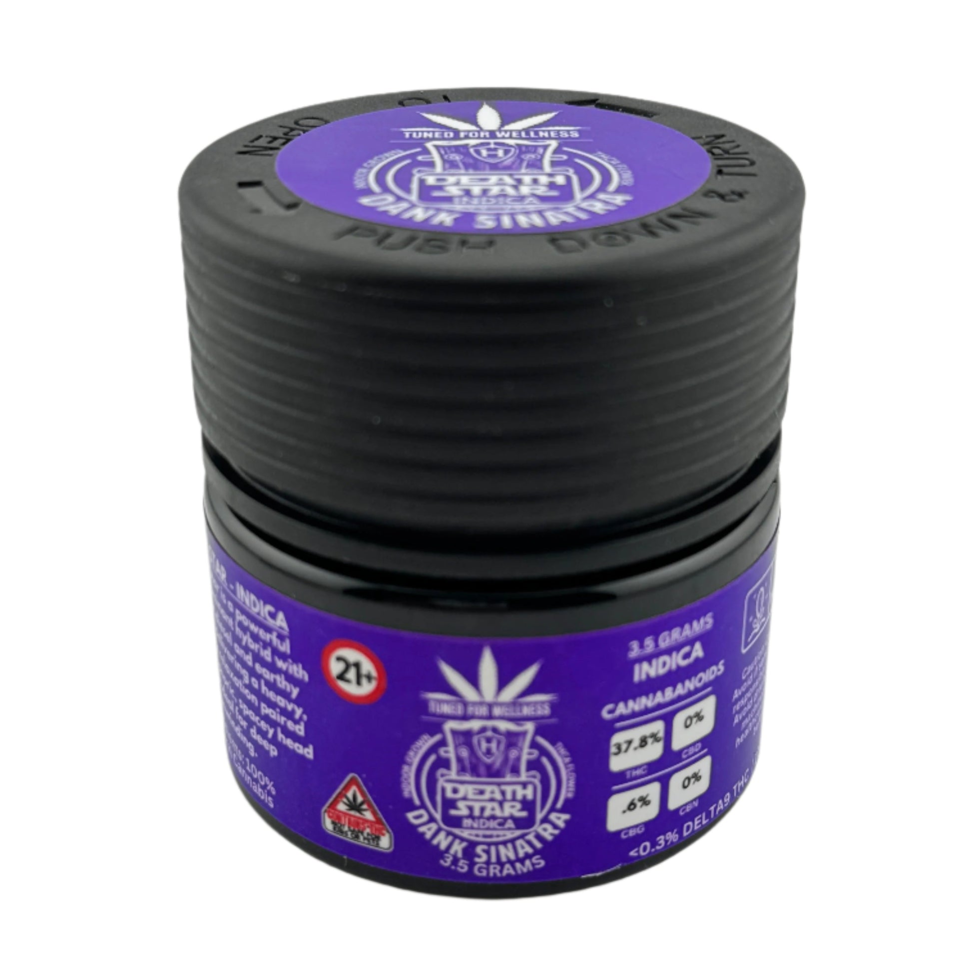 Black and purple container with a label on a white background