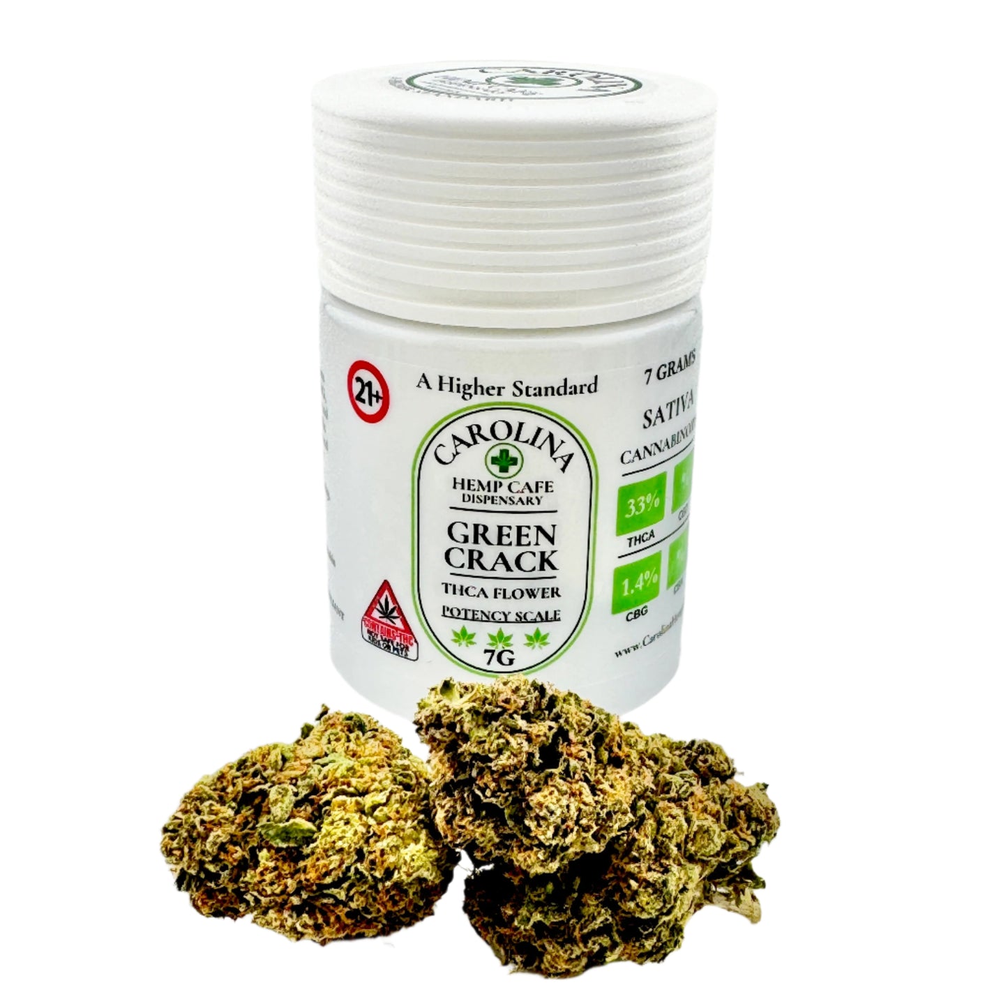 Jar of Carolina Hemp Cafe Green Crack with cannabis buds on a white background
