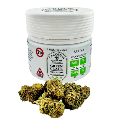 Jar of Carolina Hemp & Tea Co. Green Crack THC flower with cannabis buds on a white background