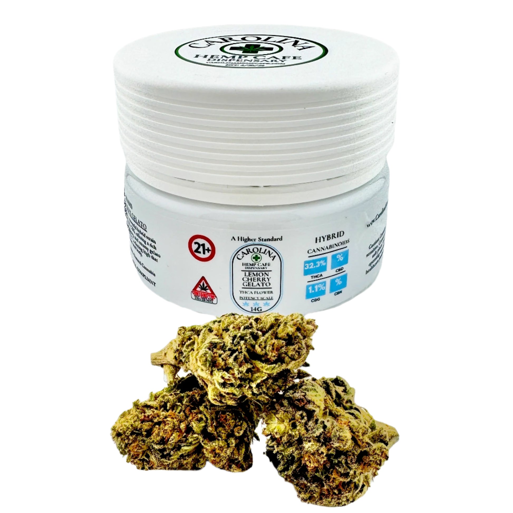 Jar of Carolina Hemp Extract with cannabis buds on a white background