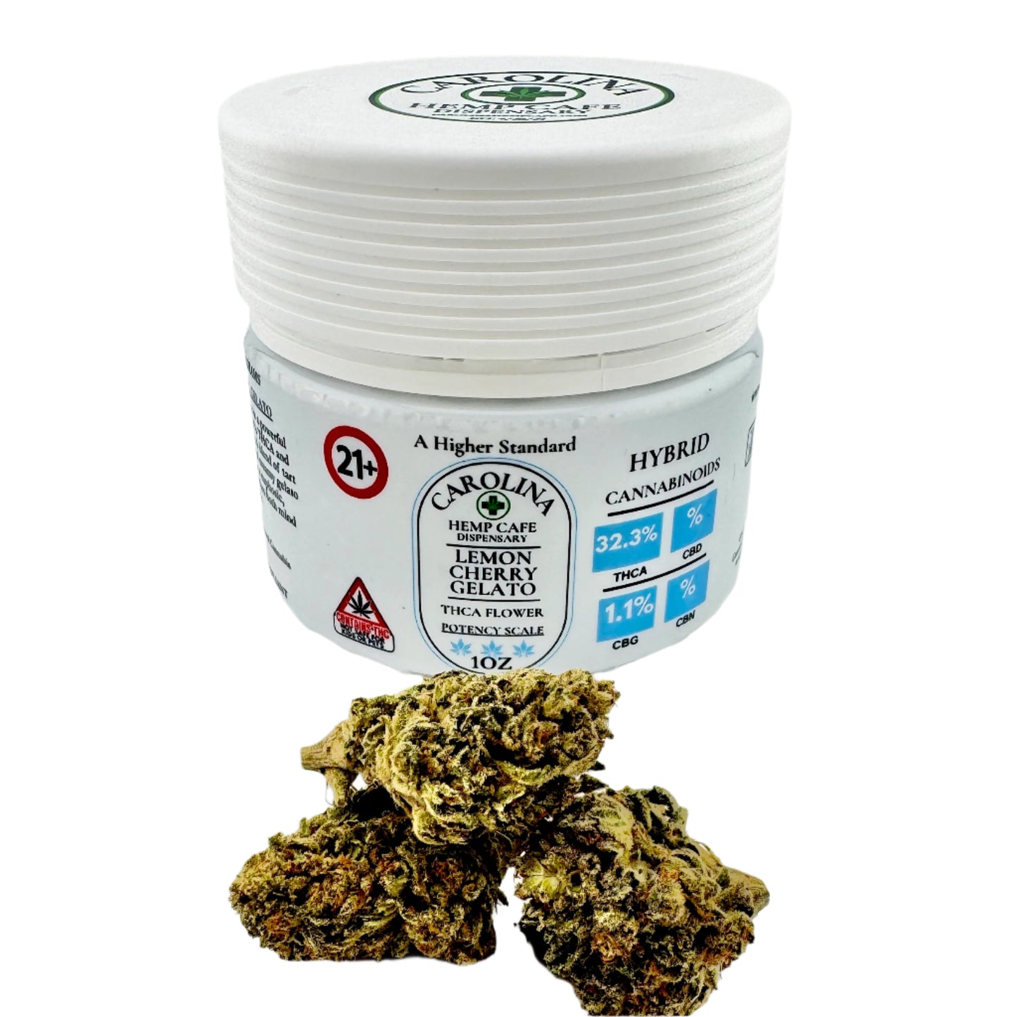 Jar of Carolina Hemp Farms cannabis with dried buds on a white background