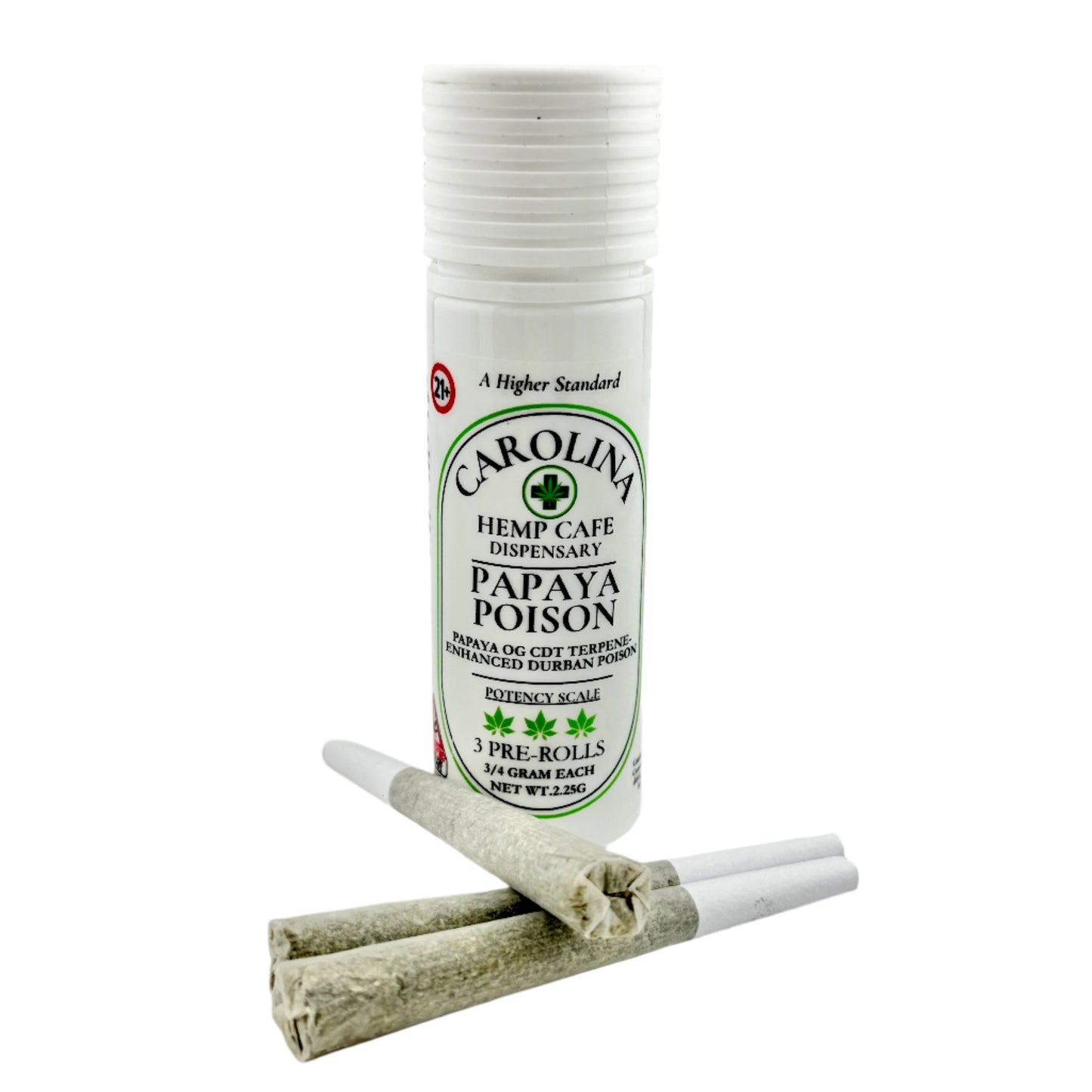 Carolina Hemp Cafe Papaya Poison pre-rolls on a white background