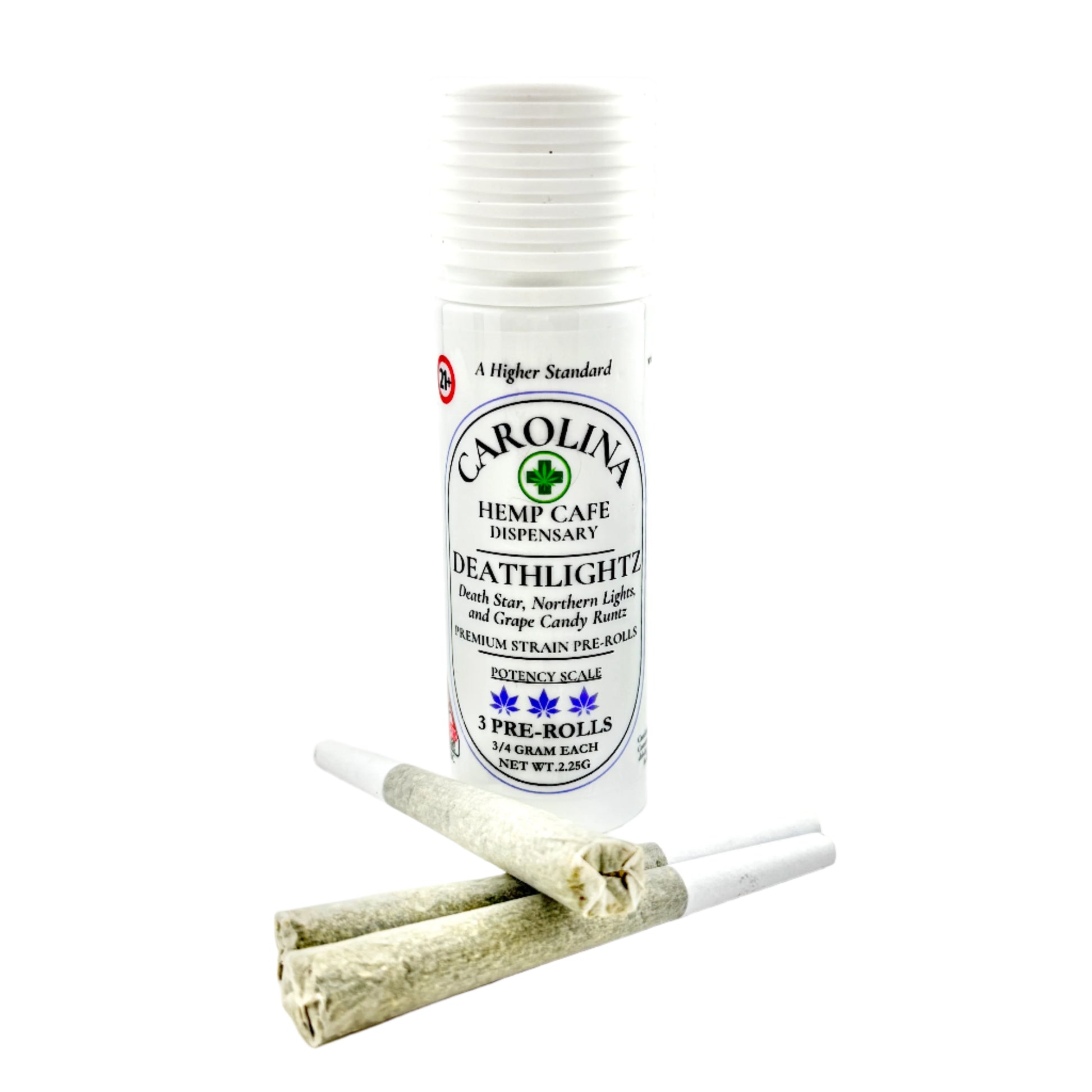 Carolina Hemp Cafe dispensary product with two rolled joints on a white background