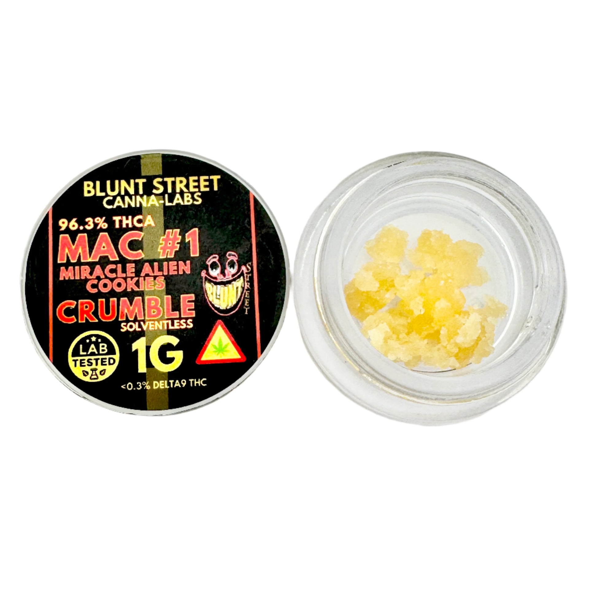 Jar of cannabis concentrate with Blunt Street Canna-Labs label on a white background