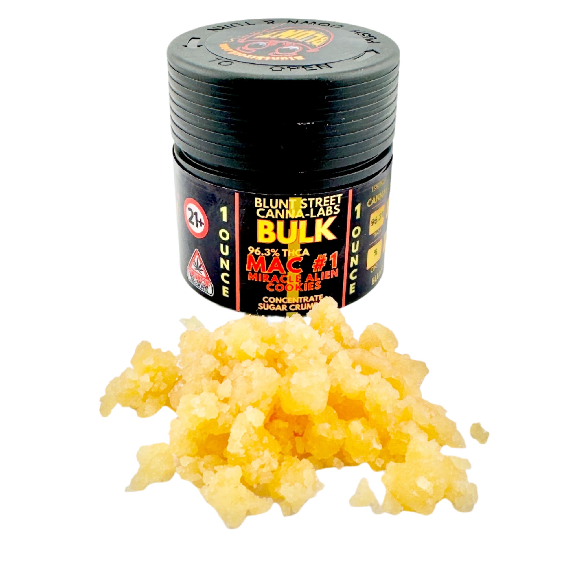 Black container of Blunt Street Canna Labs Bulk MAC #1 isolate cookies with yellow substance on a white background