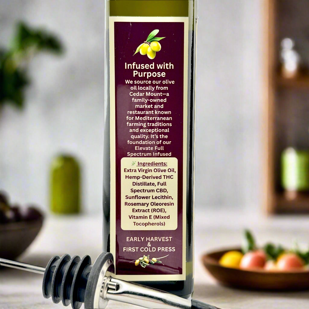 Olive oil bottle with label on a white background