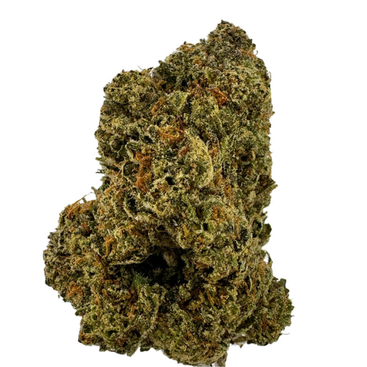 Close-up of a clump of green cannabis on a light gray background