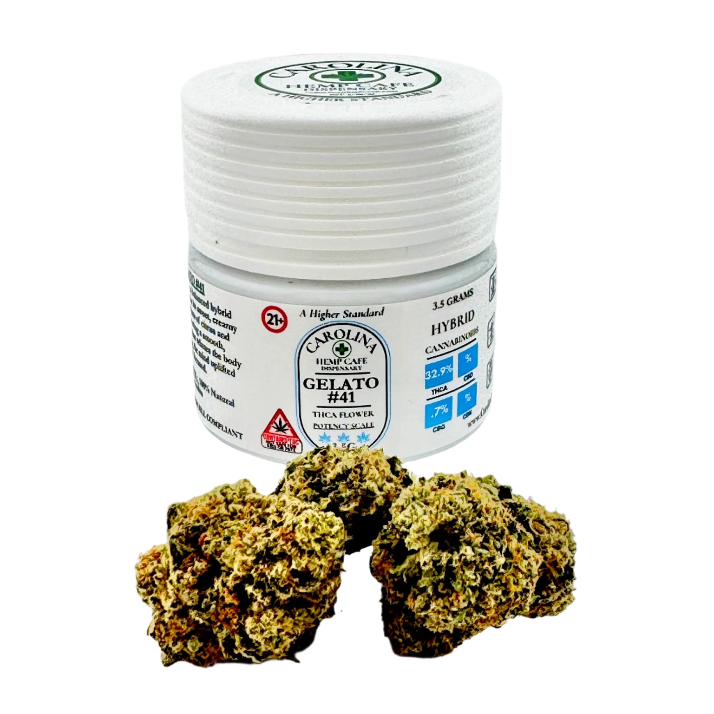 Jar of Carolina Hemp Co. Gelato #10 with cannabis buds on a light gray background