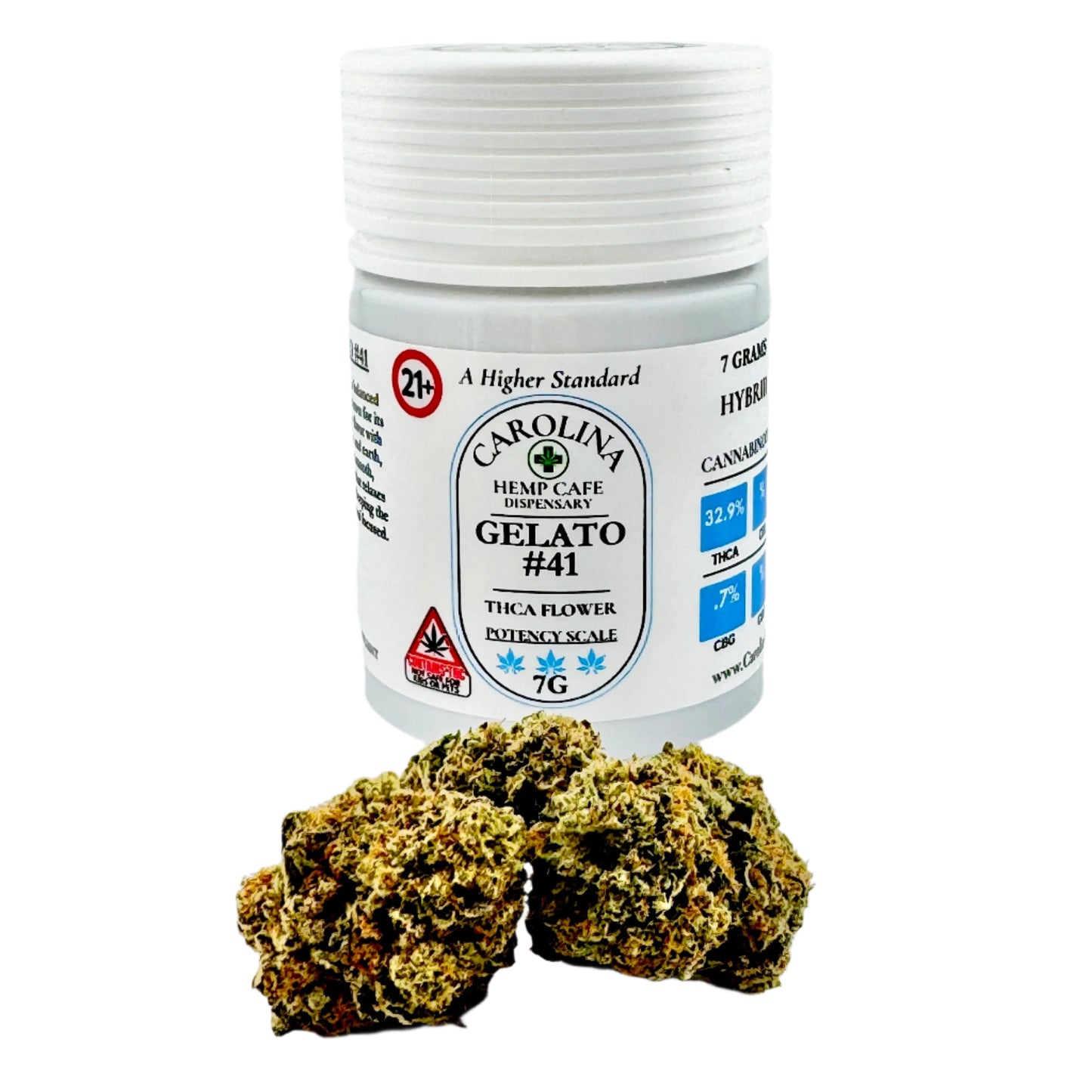 Jar of Carolina Herbal Dispensary Gelato #41 with cannabis buds on a white background