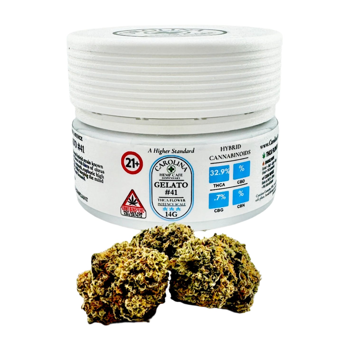 Jar of Carolina Hemp Cafe Gelato #41 with cannabis buds on a white background