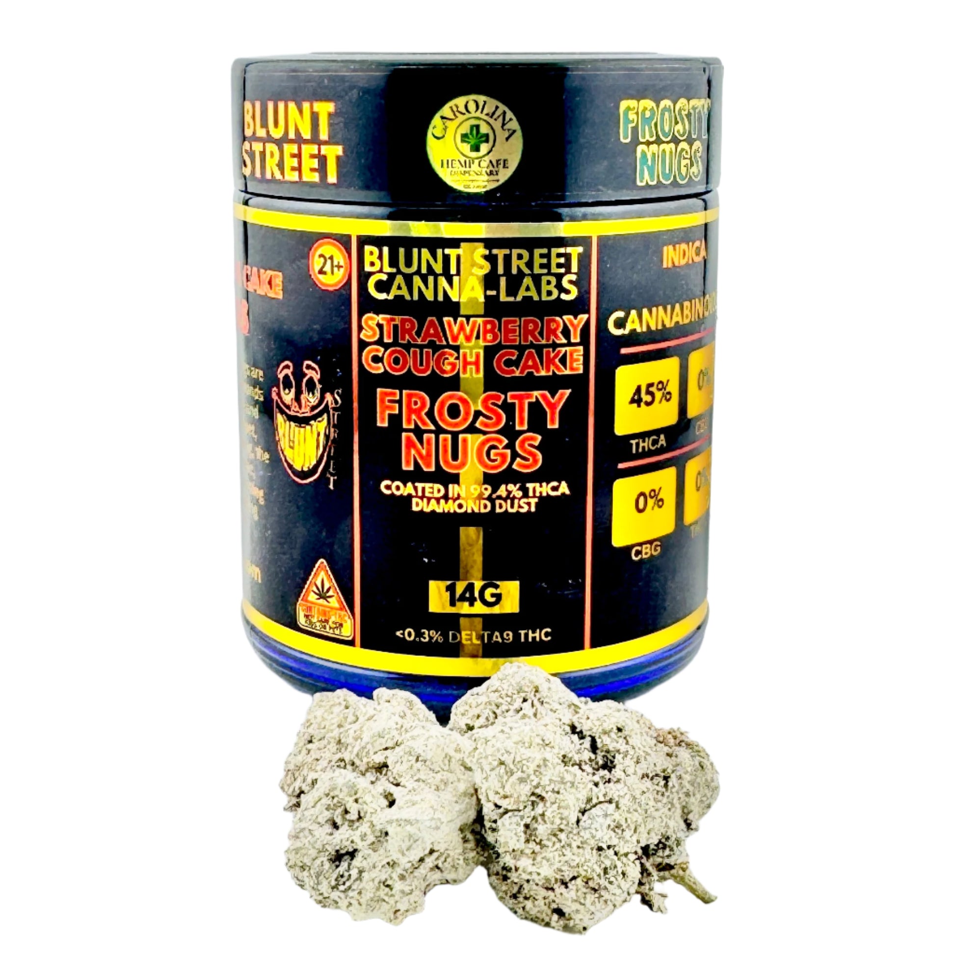 Container of Blunt Street Canna-Labs Frosty Nugs with two pieces of cannabis on a white background