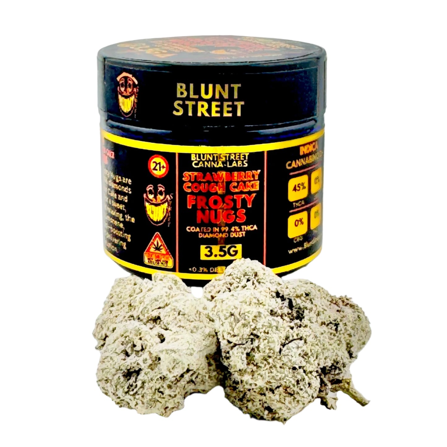 Jar of 'Blunt Street' cannabis product with two buds on a light gray background