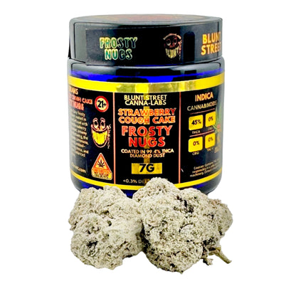 Jar of 'Frosty Nugs' from Blunt Street Canna Labs with two cannabis buds on a gray background