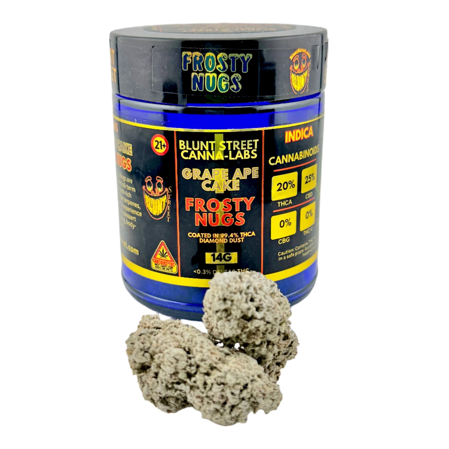 Container of Frosty Nugs with cannabis buds on a white background