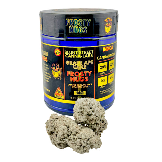 Container of Frosty Nugs with cannabis buds on a white background