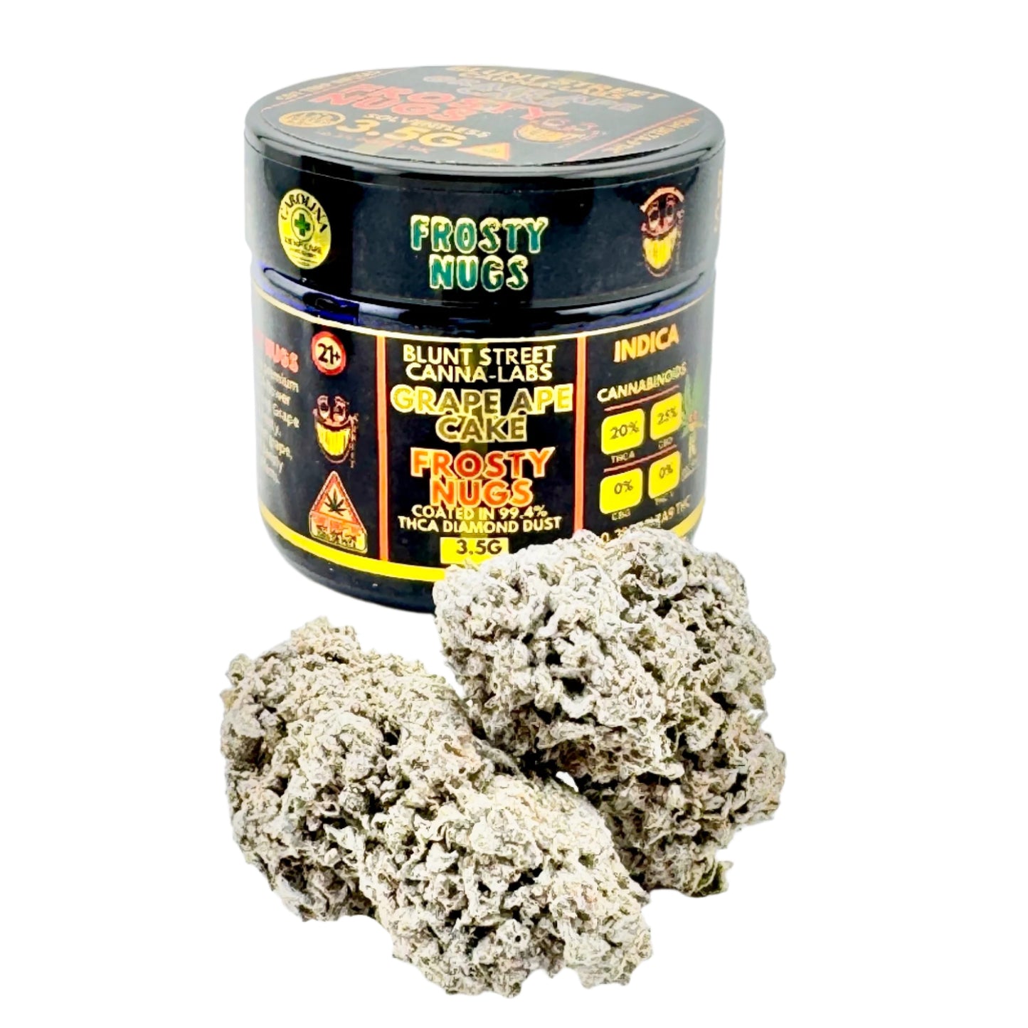 Jar of 'Frosty Nugs' cannabis product with two nugs on a white background