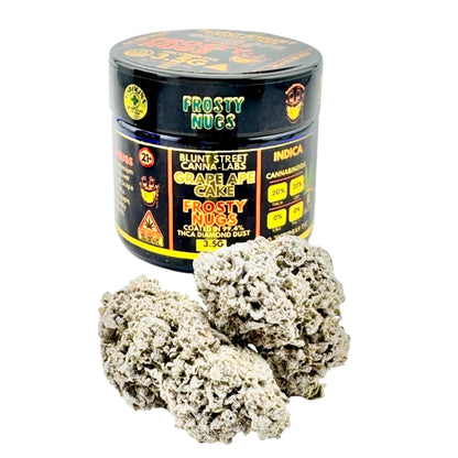 Jar of 'Frosty Nugs' cannabis product with two nugs on a white background