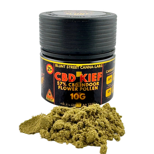 Jar of CBD Kief with Blunt Street Canna Labs branding on a white background