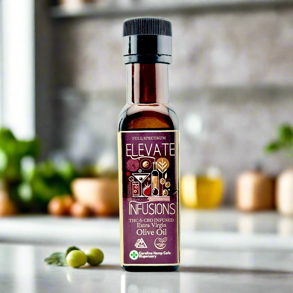 Bottle of Elevate Infusions olive oil on a white background