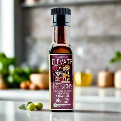 Bottle of Elevate Infusions olive oil on a white background