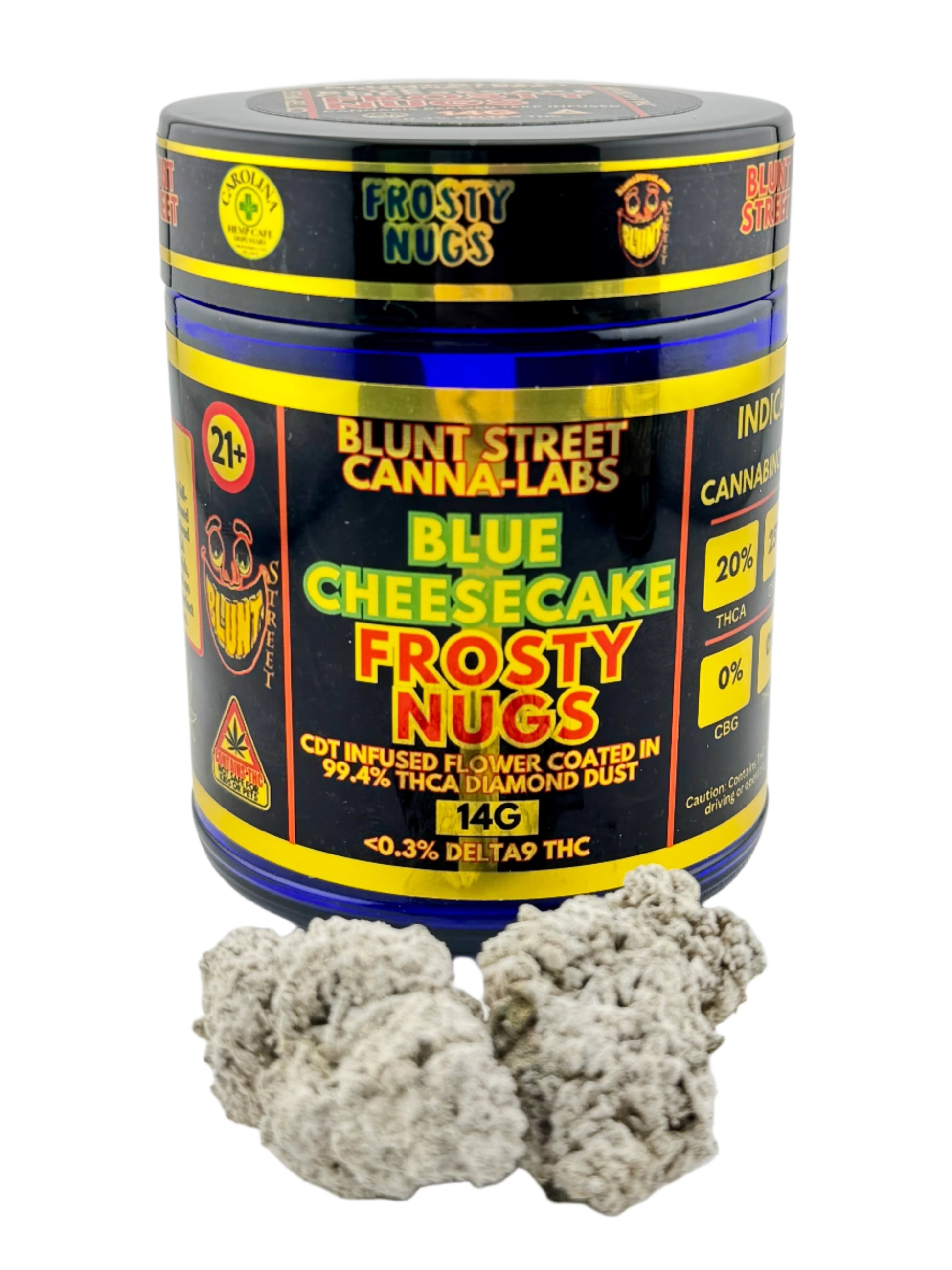 Cannabis product packaging with 'Blue Cheesecake Frosty Nugs' label on a white background