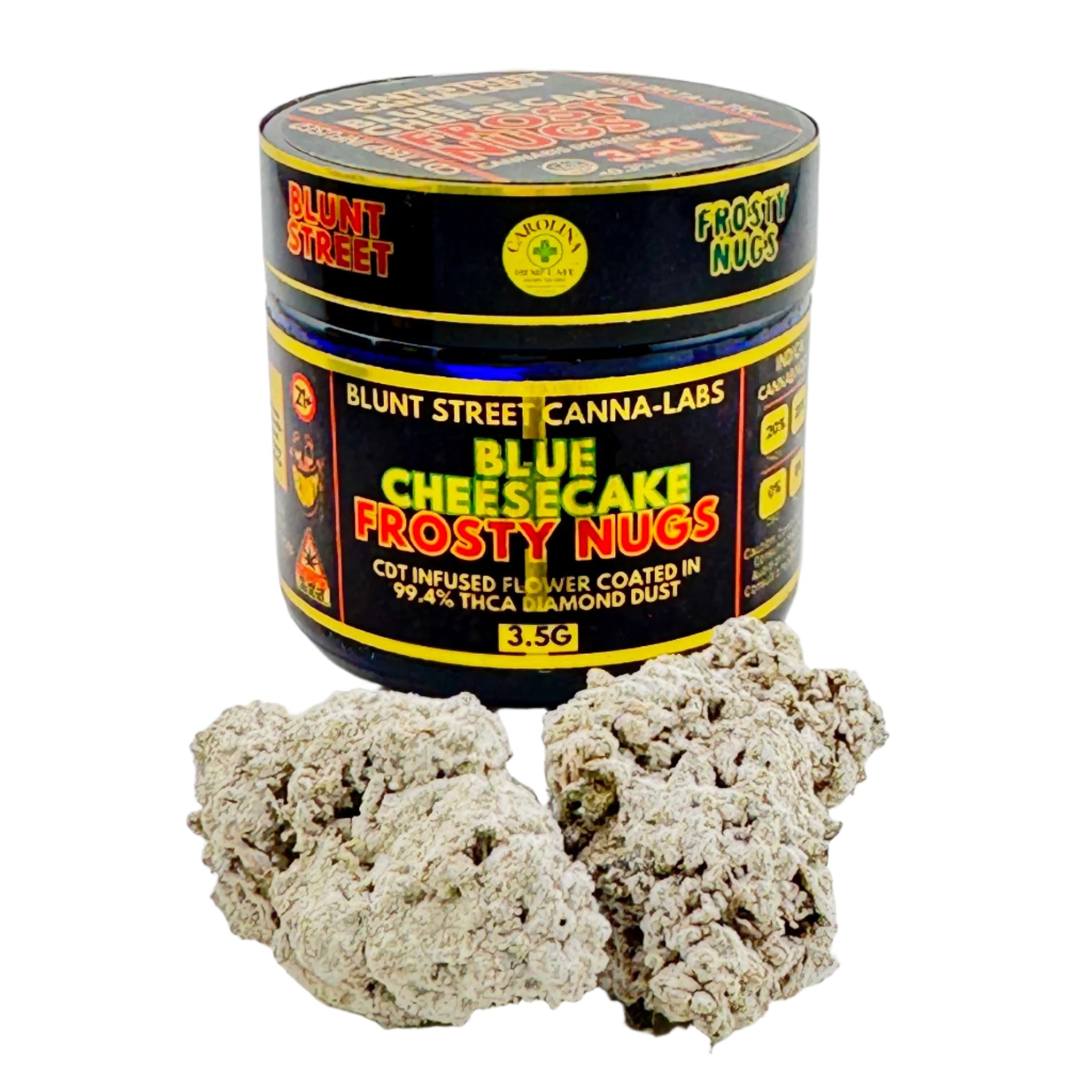 Jar of 'Blue Cheesecake Frosty Nugs' from Blunt Street Canna-Labs on a white background